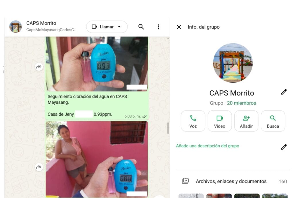 Instant Messaging Empowers CAPS Leaders 3 WhatsApp screenshot showing chlorine meter readings.